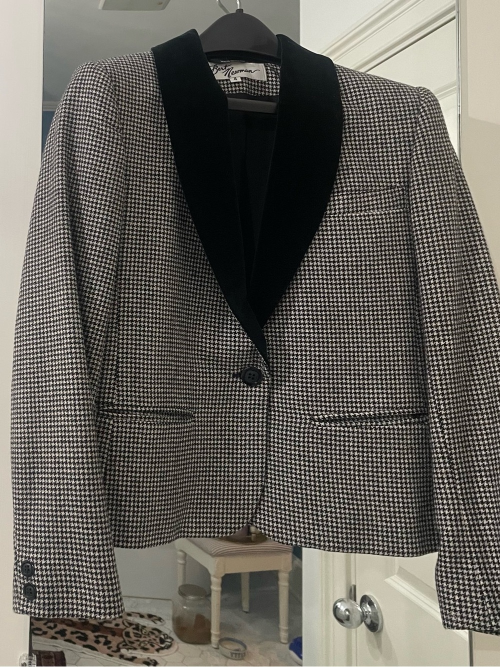 Vintage Black & White Houndstooth Blazer with Black Velvet Lapel